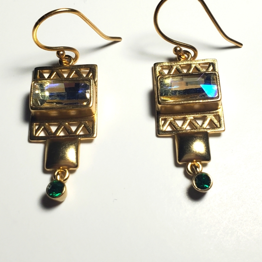 Amrapali 14k Gold Plated Drop Earrings Sky-blue Dark Green Chaton-cut Crystals - Picture 5 of 7